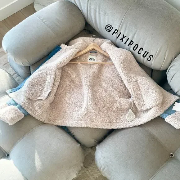 ZARA NEW FAUX SHEARLING BIKER JACKET MOTO DENIM BLUE M MEDIUM 3548/250 - Picture 10 of 16